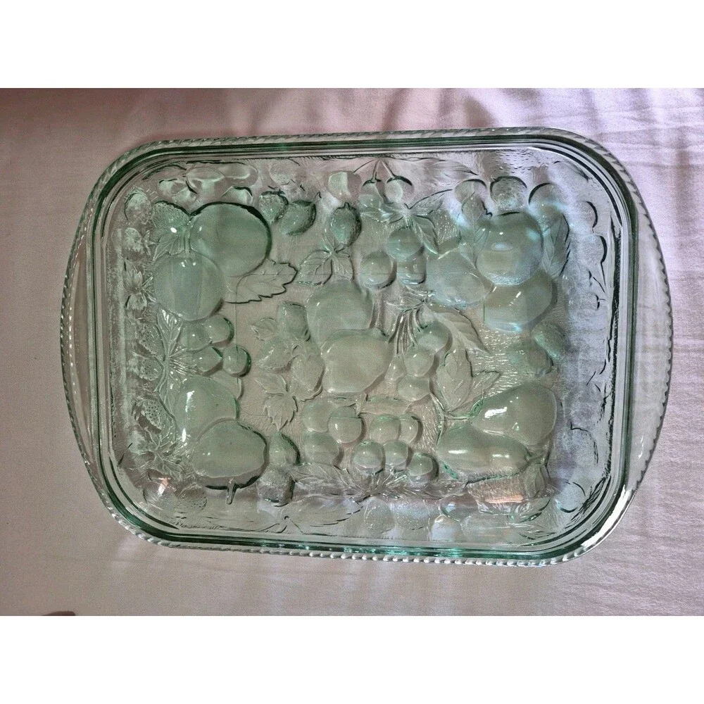 Vintage Libbey Orchard Fruit Green Glass Casserole Oven Proof Baking Dish 9”x13”